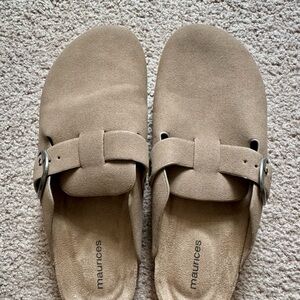 Maurices Taupe Suede Buckle Mules